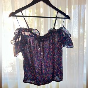 Off the Shoulder Sheer Floral Crop Top